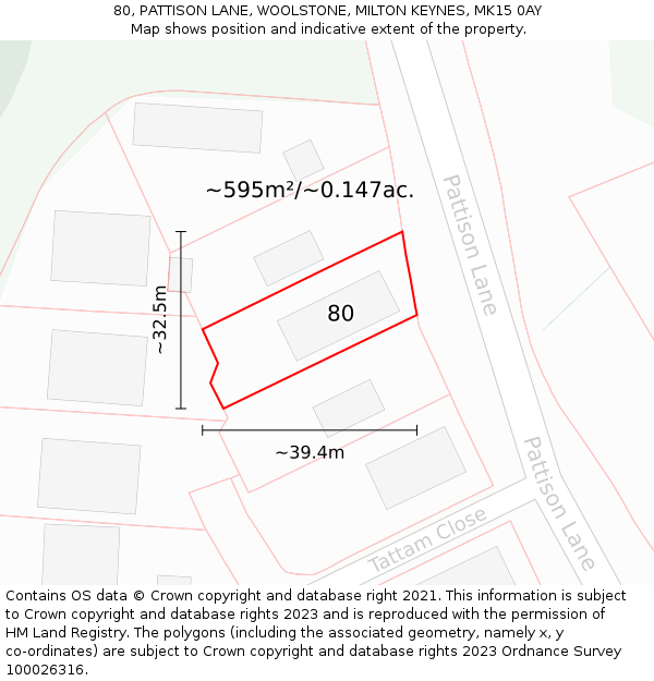 80, PATTISON LANE, WOOLSTONE, MILTON KEYNES, MK15 0AY: Plot and title map