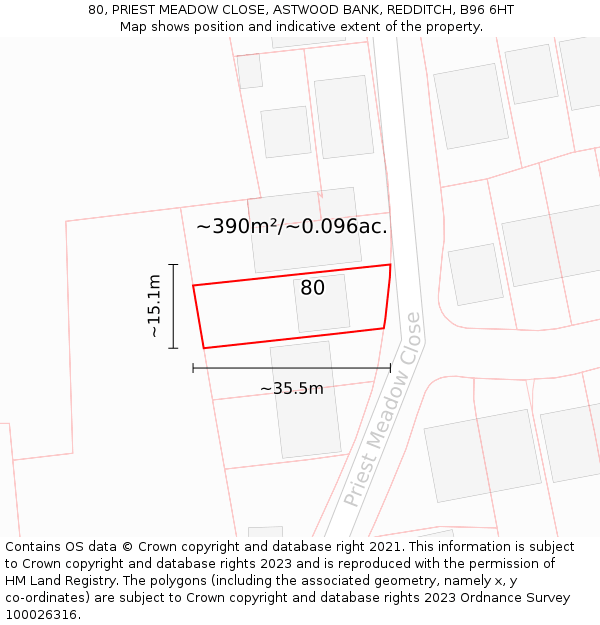 80, PRIEST MEADOW CLOSE, ASTWOOD BANK, REDDITCH, B96 6HT: Plot and title map