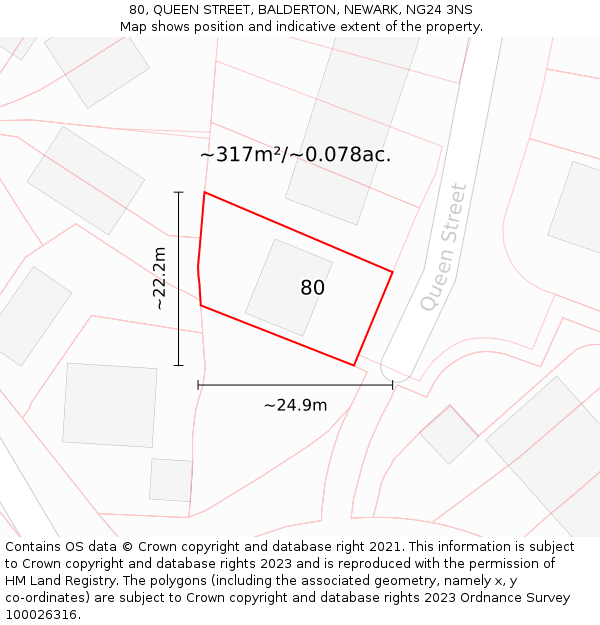 80, QUEEN STREET, BALDERTON, NEWARK, NG24 3NS: Plot and title map