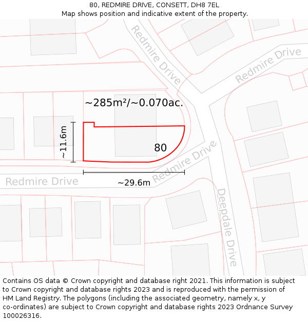 80, REDMIRE DRIVE, CONSETT, DH8 7EL: Plot and title map