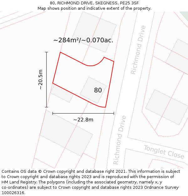 80, RICHMOND DRIVE, SKEGNESS, PE25 3SF: Plot and title map