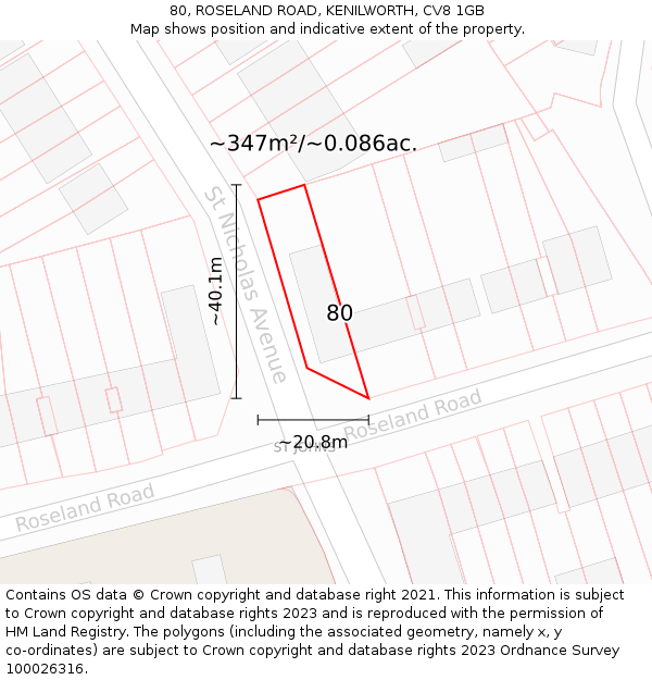 80, ROSELAND ROAD, KENILWORTH, CV8 1GB: Plot and title map