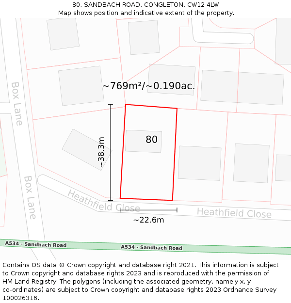 80, SANDBACH ROAD, CONGLETON, CW12 4LW: Plot and title map