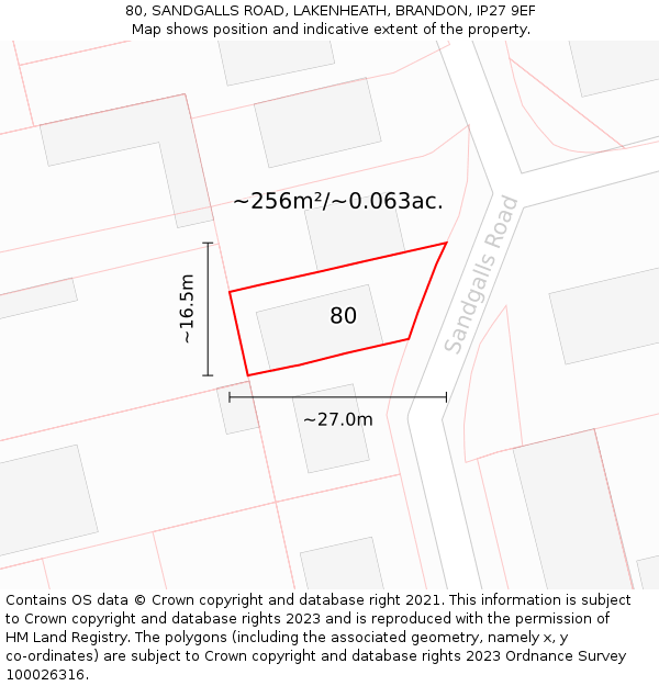 80, SANDGALLS ROAD, LAKENHEATH, BRANDON, IP27 9EF: Plot and title map