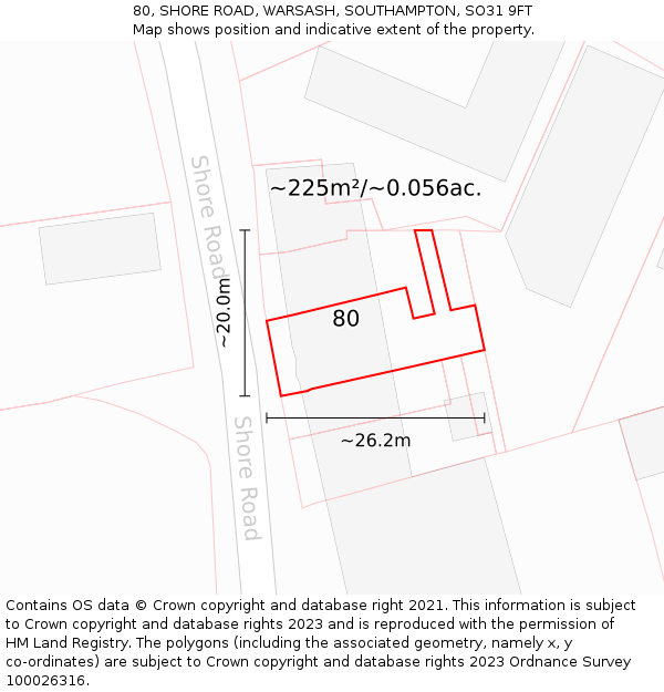 80, SHORE ROAD, WARSASH, SOUTHAMPTON, SO31 9FT: Plot and title map