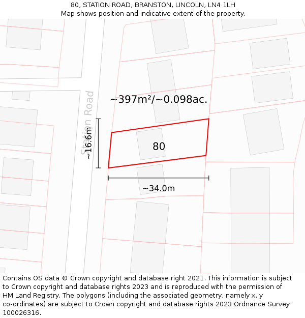 80, STATION ROAD, BRANSTON, LINCOLN, LN4 1LH: Plot and title map