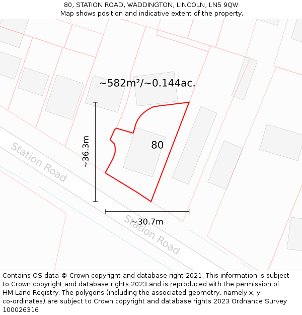 80, STATION ROAD, WADDINGTON, LINCOLN, LN5 9QW: Plot and title map