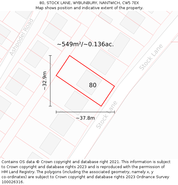 80, STOCK LANE, WYBUNBURY, NANTWICH, CW5 7EX: Plot and title map