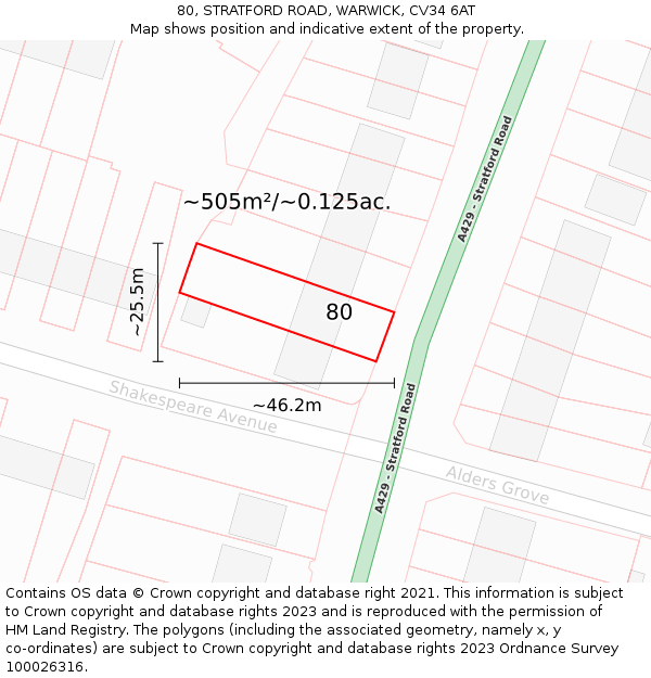 80, STRATFORD ROAD, WARWICK, CV34 6AT: Plot and title map