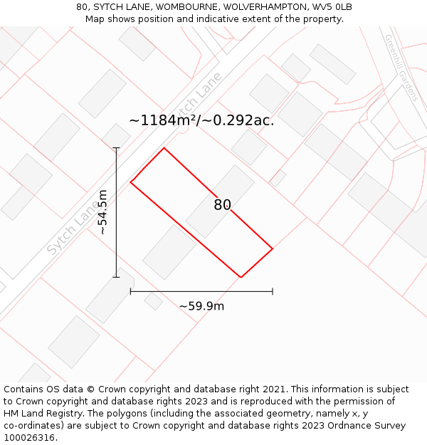 80, SYTCH LANE, WOMBOURNE, WOLVERHAMPTON, WV5 0LB: Plot and title map