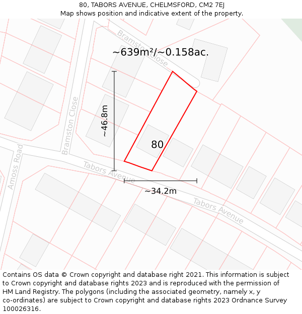 80, TABORS AVENUE, CHELMSFORD, CM2 7EJ: Plot and title map