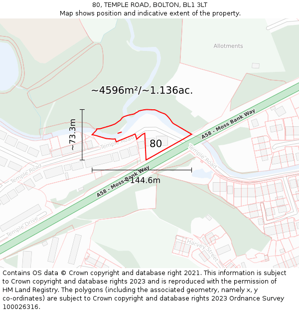 80, TEMPLE ROAD, BOLTON, BL1 3LT: Plot and title map