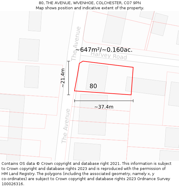 80, THE AVENUE, WIVENHOE, COLCHESTER, CO7 9PN: Plot and title map