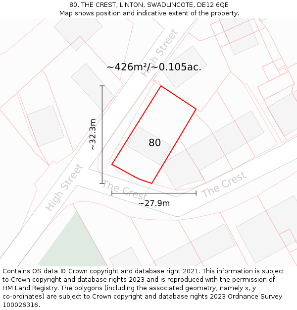 80, THE CREST, LINTON, SWADLINCOTE, DE12 6QE: Plot and title map