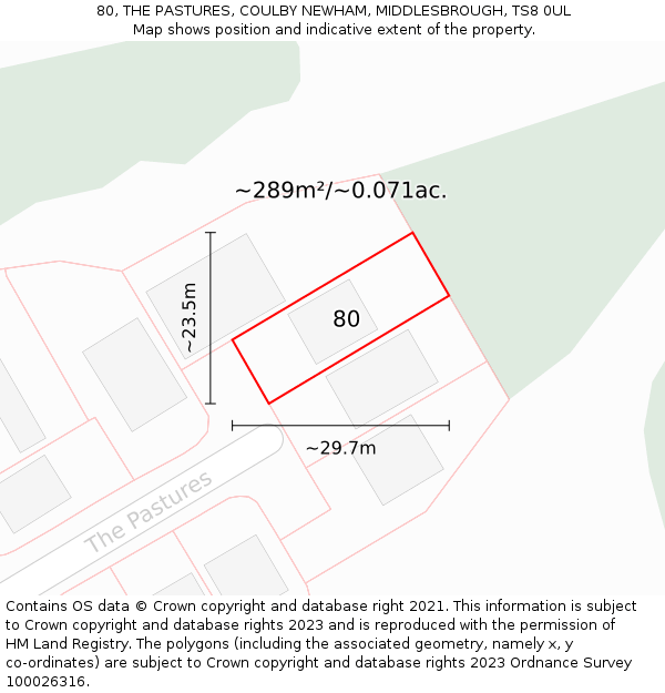 80, THE PASTURES, COULBY NEWHAM, MIDDLESBROUGH, TS8 0UL: Plot and title map