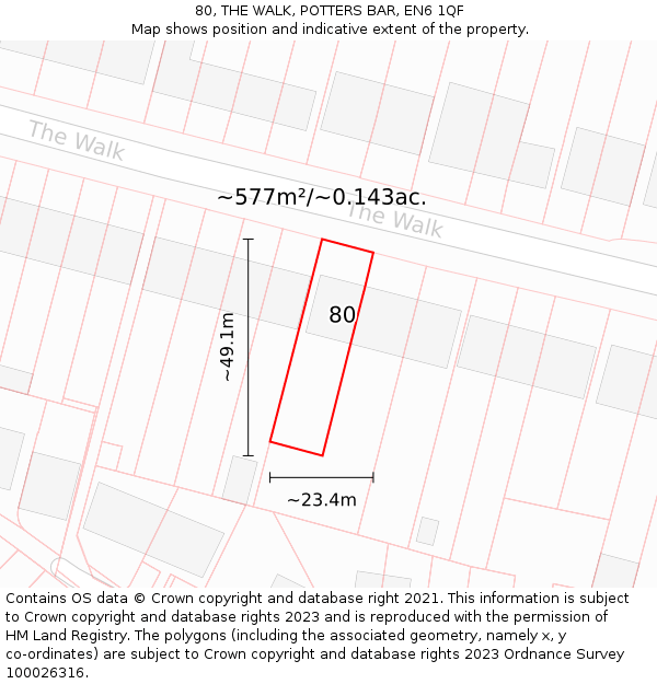 80, THE WALK, POTTERS BAR, EN6 1QF: Plot and title map