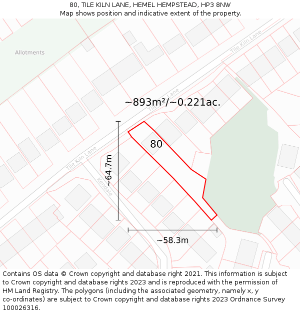 80, TILE KILN LANE, HEMEL HEMPSTEAD, HP3 8NW: Plot and title map