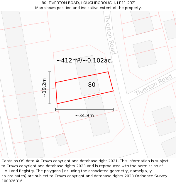 80, TIVERTON ROAD, LOUGHBOROUGH, LE11 2RZ: Plot and title map