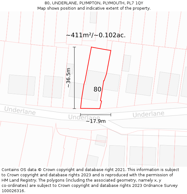 80, UNDERLANE, PLYMPTON, PLYMOUTH, PL7 1QY: Plot and title map