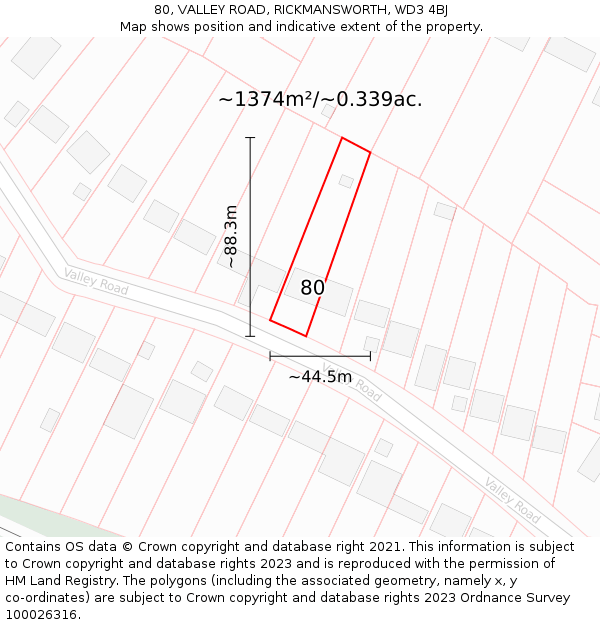 80, VALLEY ROAD, RICKMANSWORTH, WD3 4BJ: Plot and title map