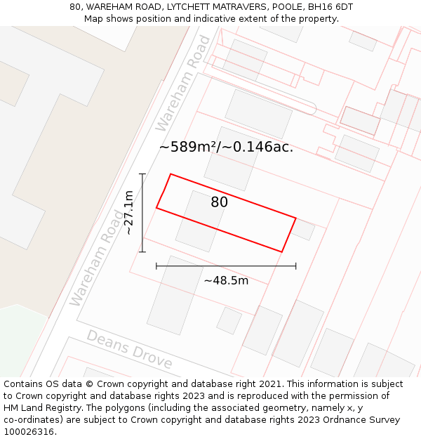 80, WAREHAM ROAD, LYTCHETT MATRAVERS, POOLE, BH16 6DT: Plot and title map