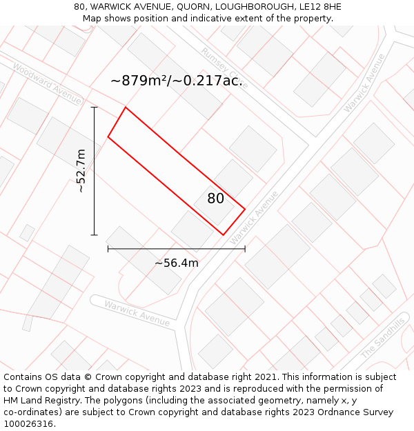 80, WARWICK AVENUE, QUORN, LOUGHBOROUGH, LE12 8HE: Plot and title map