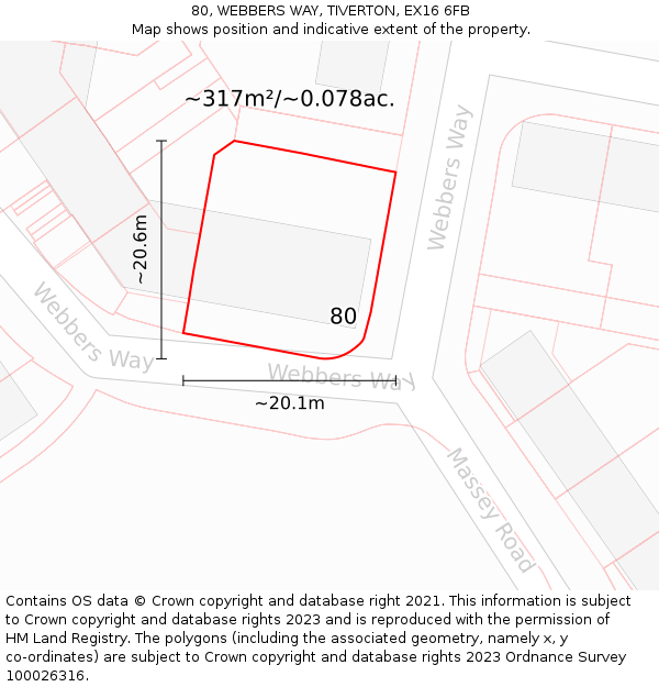 80, WEBBERS WAY, TIVERTON, EX16 6FB: Plot and title map