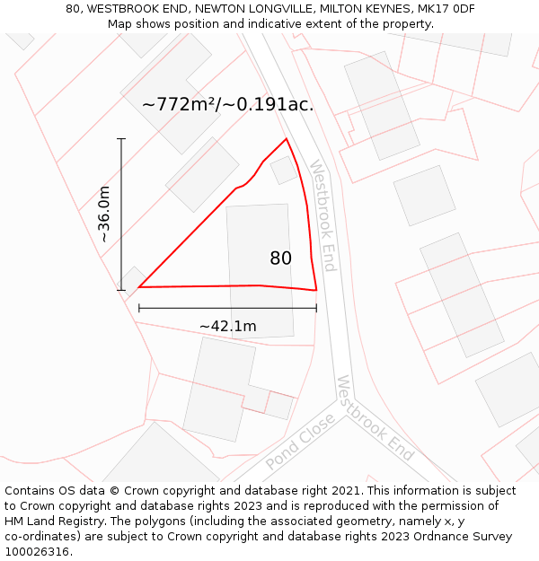 80, WESTBROOK END, NEWTON LONGVILLE, MILTON KEYNES, MK17 0DF: Plot and title map