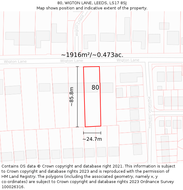 80, WIGTON LANE, LEEDS, LS17 8SJ: Plot and title map