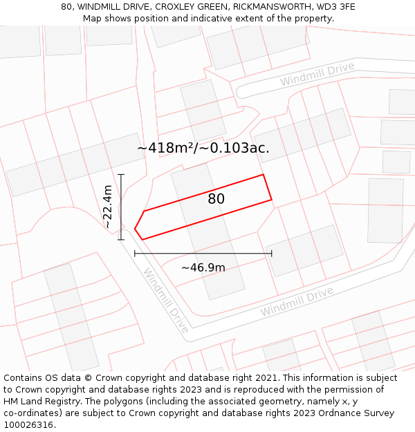 80, WINDMILL DRIVE, CROXLEY GREEN, RICKMANSWORTH, WD3 3FE: Plot and title map