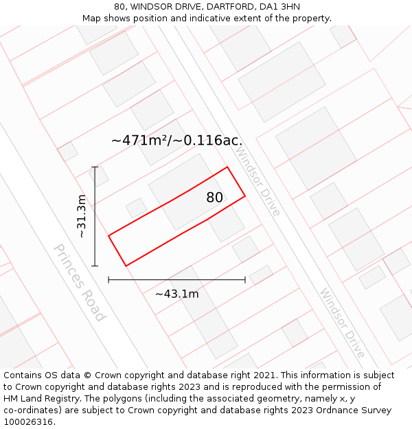 80, WINDSOR DRIVE, DARTFORD, DA1 3HN: Plot and title map