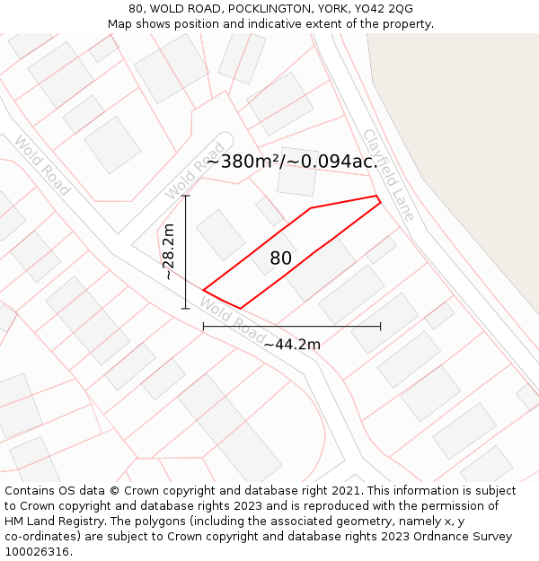 80, WOLD ROAD, POCKLINGTON, YORK, YO42 2QG: Plot and title map