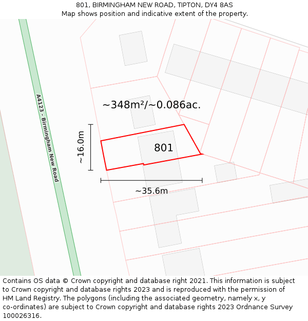 801, BIRMINGHAM NEW ROAD, TIPTON, DY4 8AS: Plot and title map