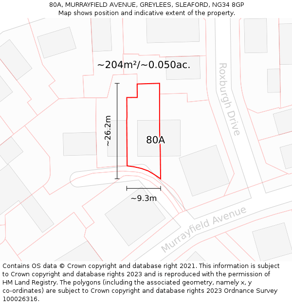 80A, MURRAYFIELD AVENUE, GREYLEES, SLEAFORD, NG34 8GP: Plot and title map