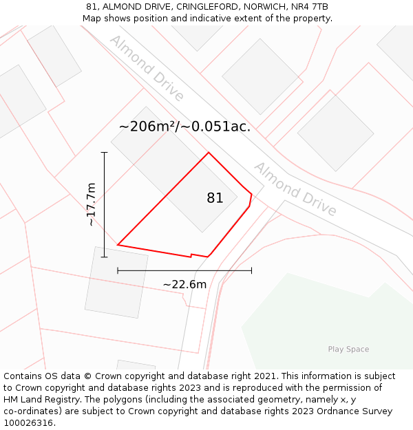 81, ALMOND DRIVE, CRINGLEFORD, NORWICH, NR4 7TB: Plot and title map