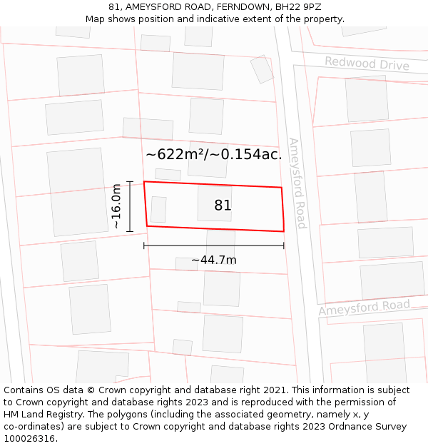 81, AMEYSFORD ROAD, FERNDOWN, BH22 9PZ: Plot and title map