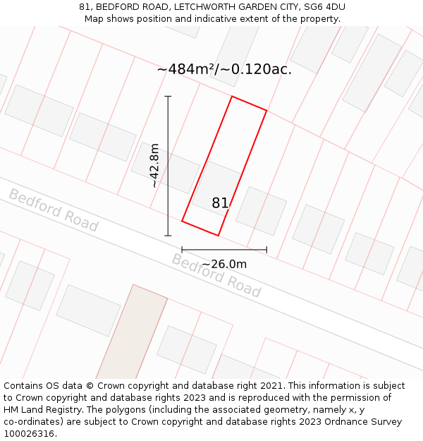 81, BEDFORD ROAD, LETCHWORTH GARDEN CITY, SG6 4DU: Plot and title map