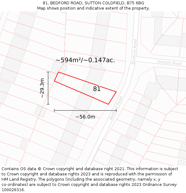 81, BEDFORD ROAD, SUTTON COLDFIELD, B75 6BG: Plot and title map