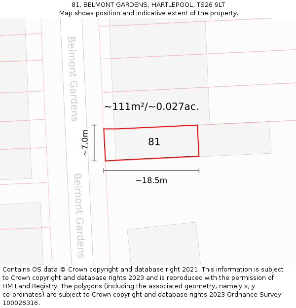 81, BELMONT GARDENS, HARTLEPOOL, TS26 9LT: Plot and title map