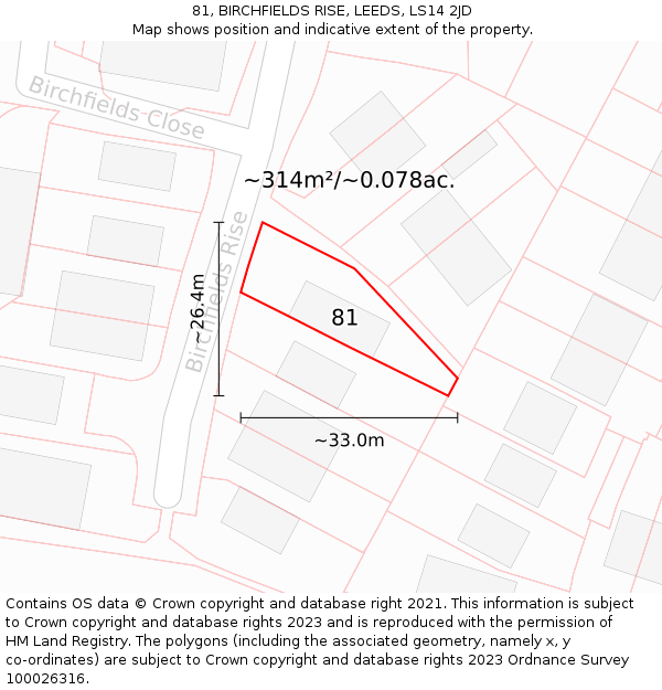 81, BIRCHFIELDS RISE, LEEDS, LS14 2JD: Plot and title map