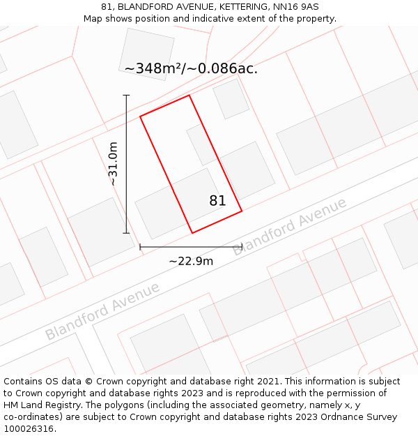 81, BLANDFORD AVENUE, KETTERING, NN16 9AS: Plot and title map