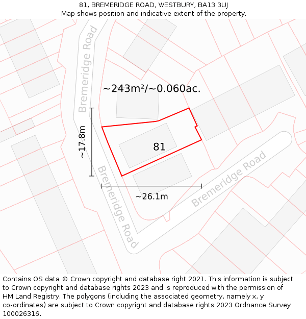 81, BREMERIDGE ROAD, WESTBURY, BA13 3UJ: Plot and title map