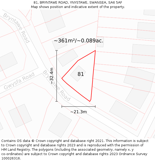 81, BRYNTAWE ROAD, YNYSTAWE, SWANSEA, SA6 5AF: Plot and title map