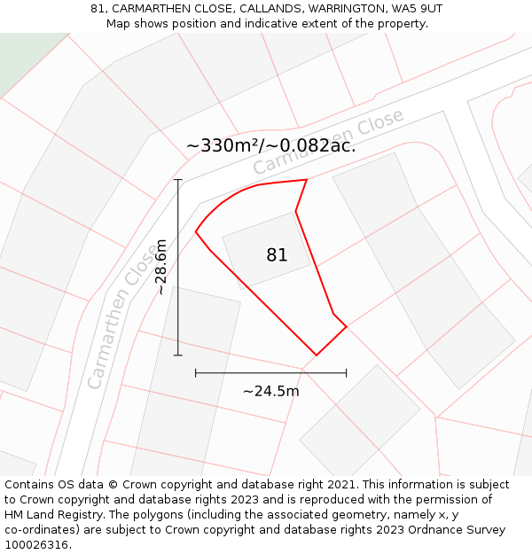 81, CARMARTHEN CLOSE, CALLANDS, WARRINGTON, WA5 9UT: Plot and title map