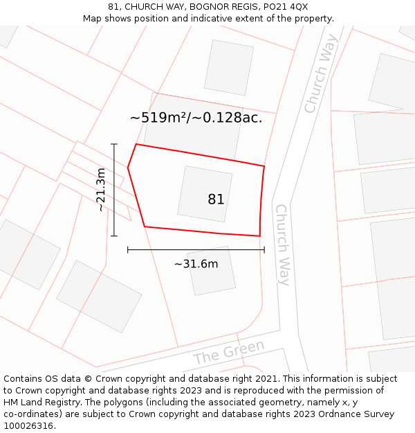 81, CHURCH WAY, BOGNOR REGIS, PO21 4QX: Plot and title map