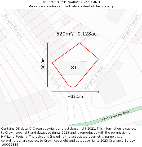 81, COTEN END, WARWICK, CV34 4NU: Plot and title map