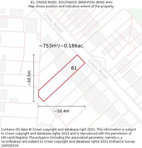 81, CROSS ROAD, SOUTHWICK, BRIGHTON, BN42 4HH: Plot and title map