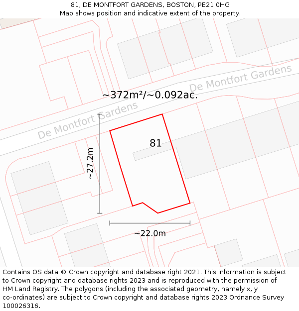 81, DE MONTFORT GARDENS, BOSTON, PE21 0HG: Plot and title map