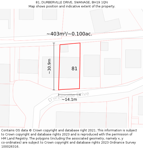 81, DURBERVILLE DRIVE, SWANAGE, BH19 1QN: Plot and title map