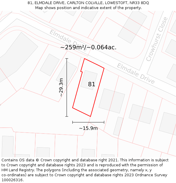 81, ELMDALE DRIVE, CARLTON COLVILLE, LOWESTOFT, NR33 8DQ: Plot and title map